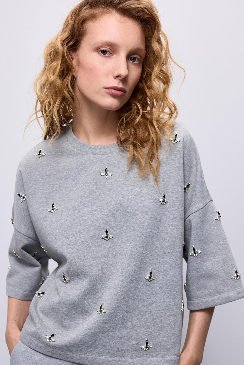 Sweatshirt Top with Strass Beads