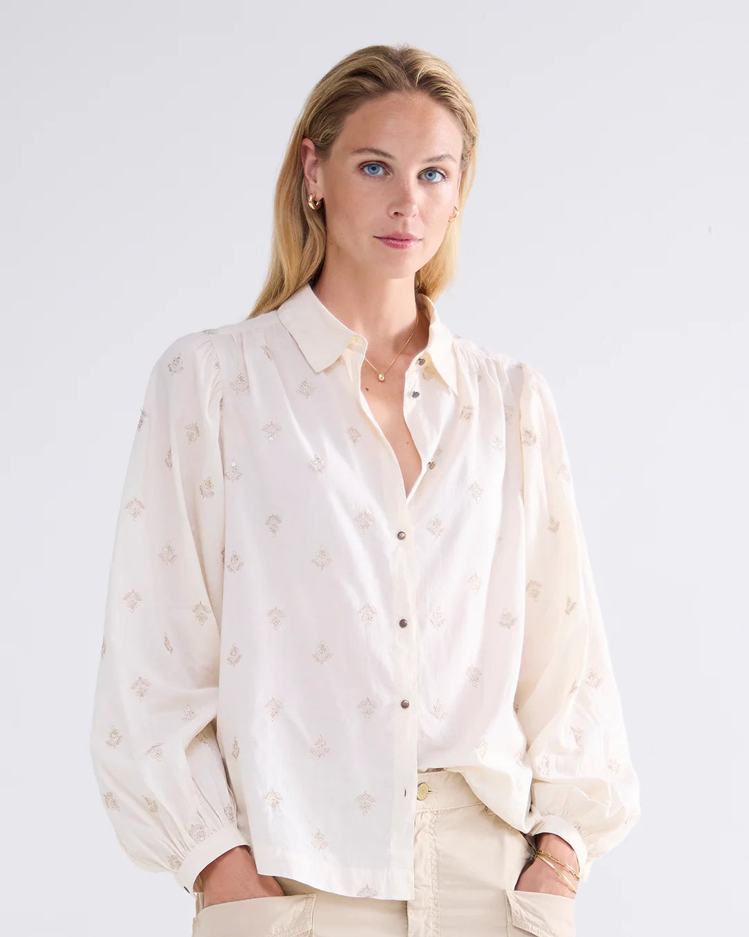 Blouse with Scattered Embroidery Flowers