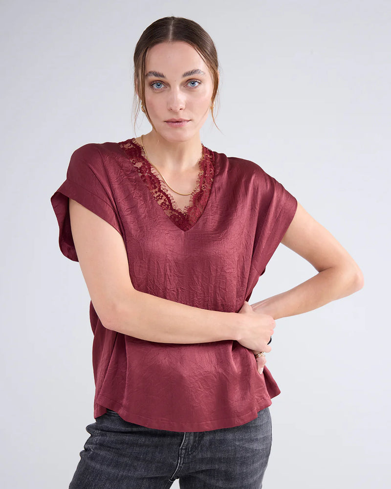 Sleeveless top with lace V-neck