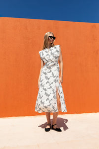 White/Black Abstract Print Sleeveless Midi Dress