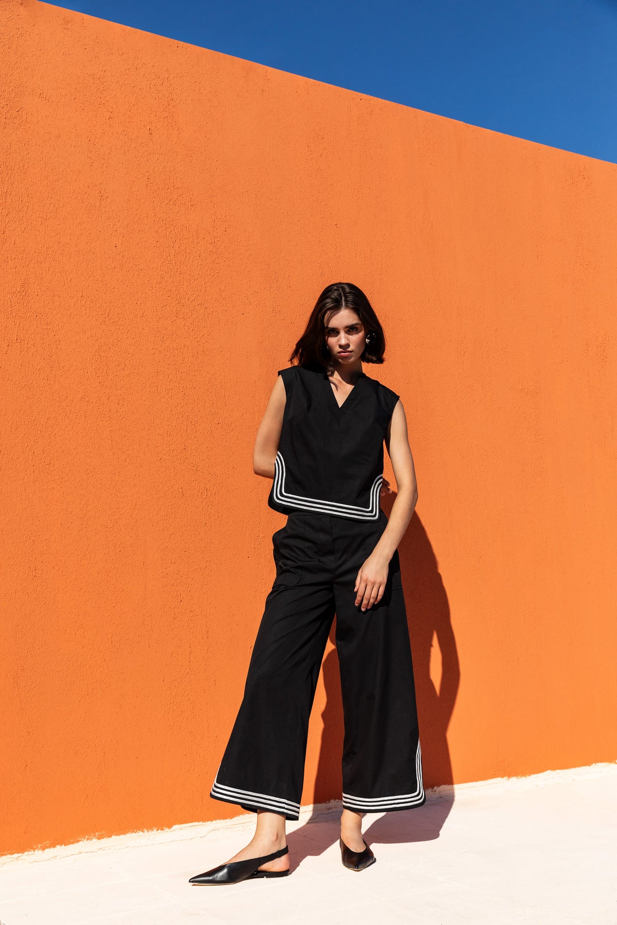 Black Wide-Leg Trousers  and Top with Contrast Trim