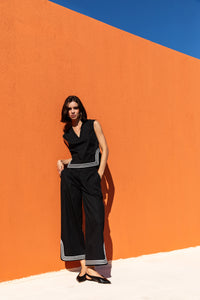 Black Wide-Leg Trousers  and Top with Contrast Trim