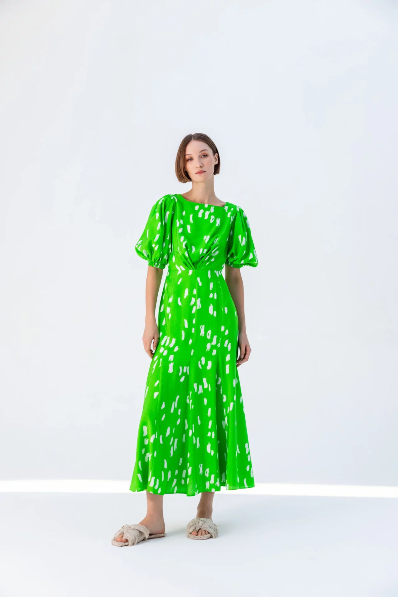 Neon Green and Cream Printed Fit and Flare Dress with Sleeve Detail and Tie  at the Back - We Are Female